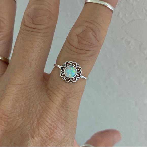 Jewelry - Sterling Silver Mandala Lab Opal Ring, Boho Ring